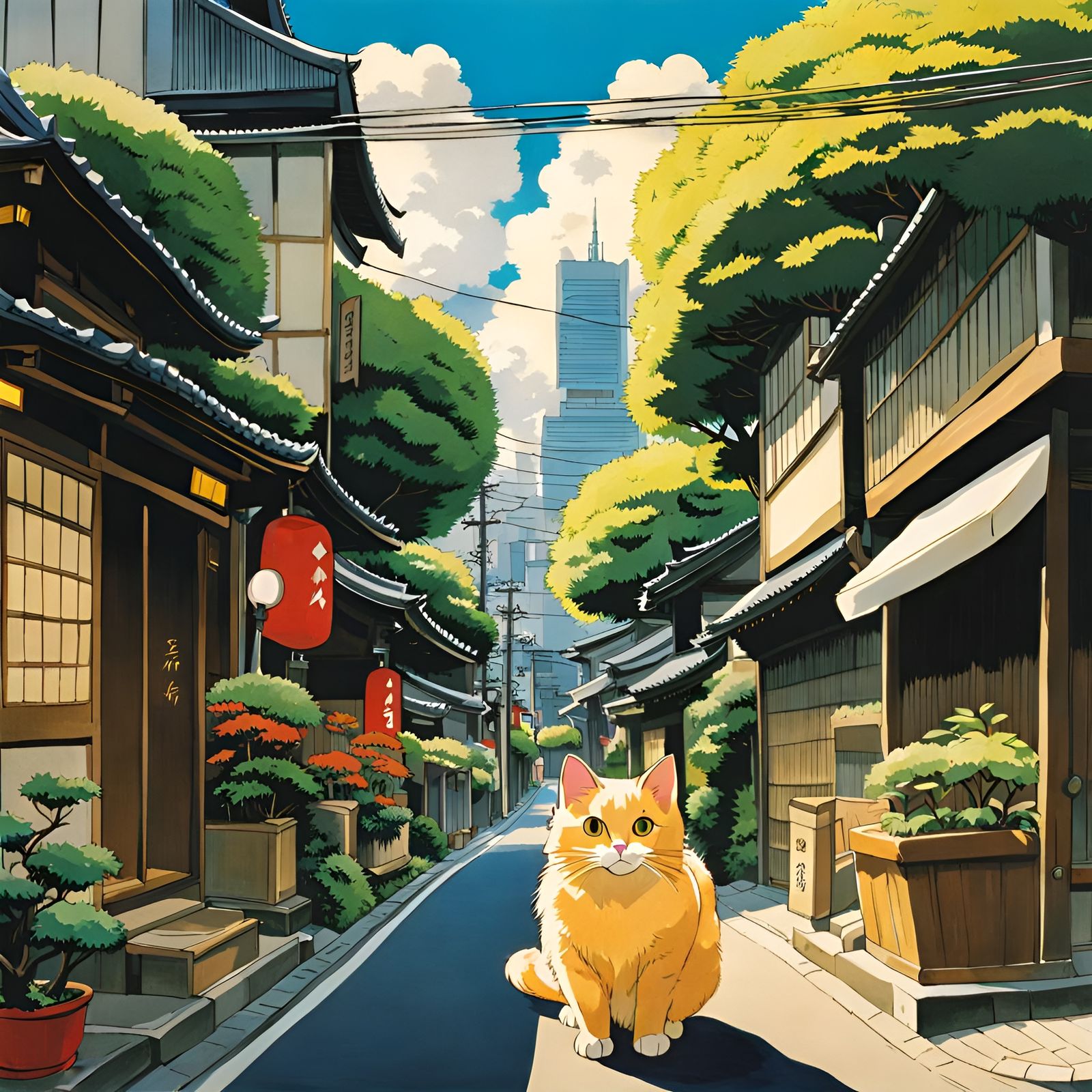 Cat in Tokyo Street, Studio Ghibli Style