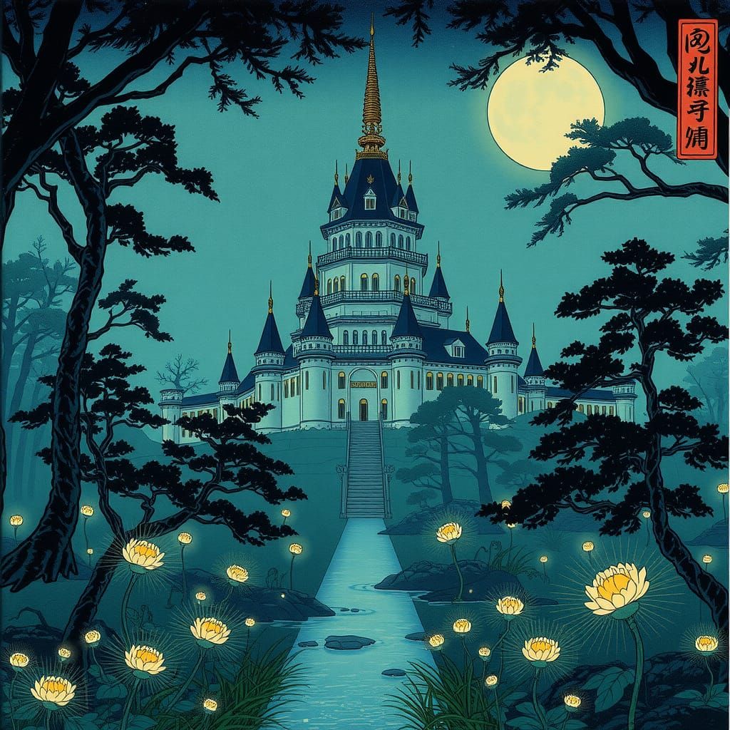 Enchanted Castle in Ukiyo-e Style by Hokusai