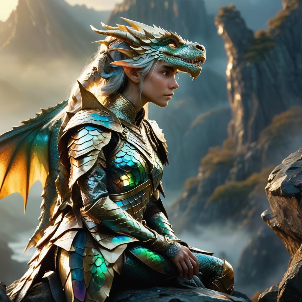 Elven Warrior on Dragon in Misty Landscape