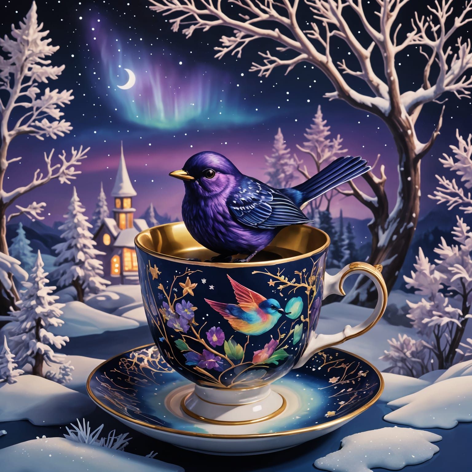 Purple Bird and Aurora Borealis Teacup Diorama