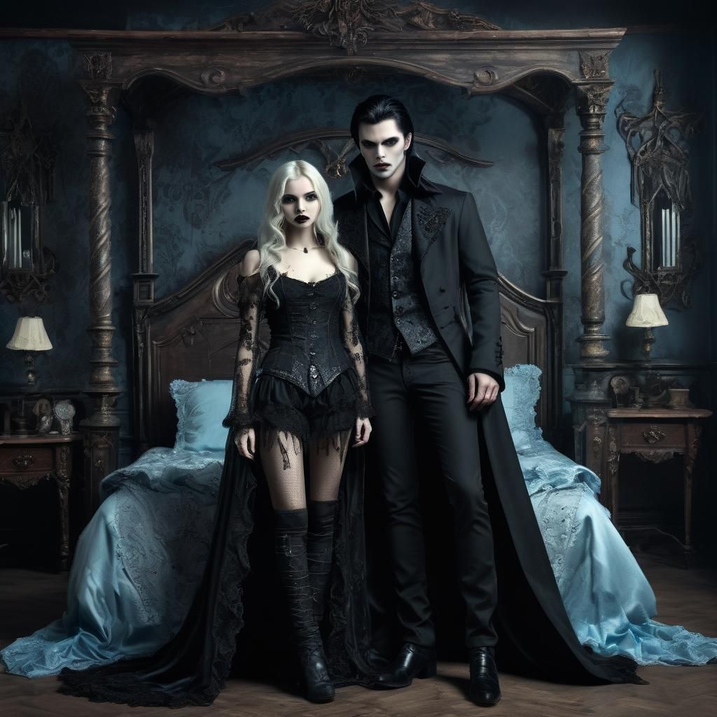 Vampire in Gothic Bedroom with Blonde Female