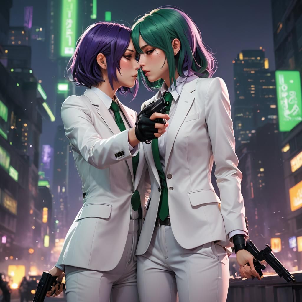 Anime Girls Kissing in Suits as 3D Art