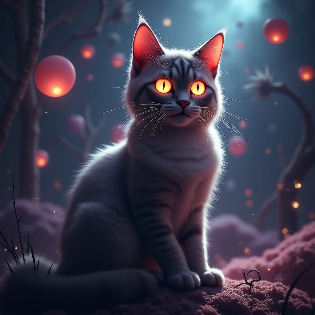 Surreal Cat Portrait with Glowing Eyes in Digital Art Style