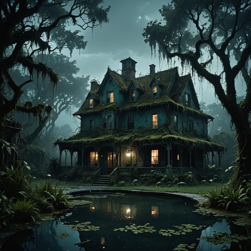 Dimly Lit House with Overgrown Pool, Surrealist Oil