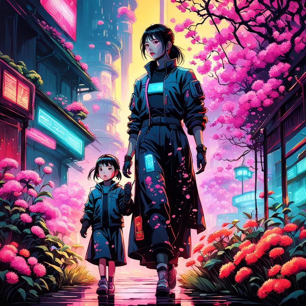 Asian Woman and Child in Cyberpunk Orchard