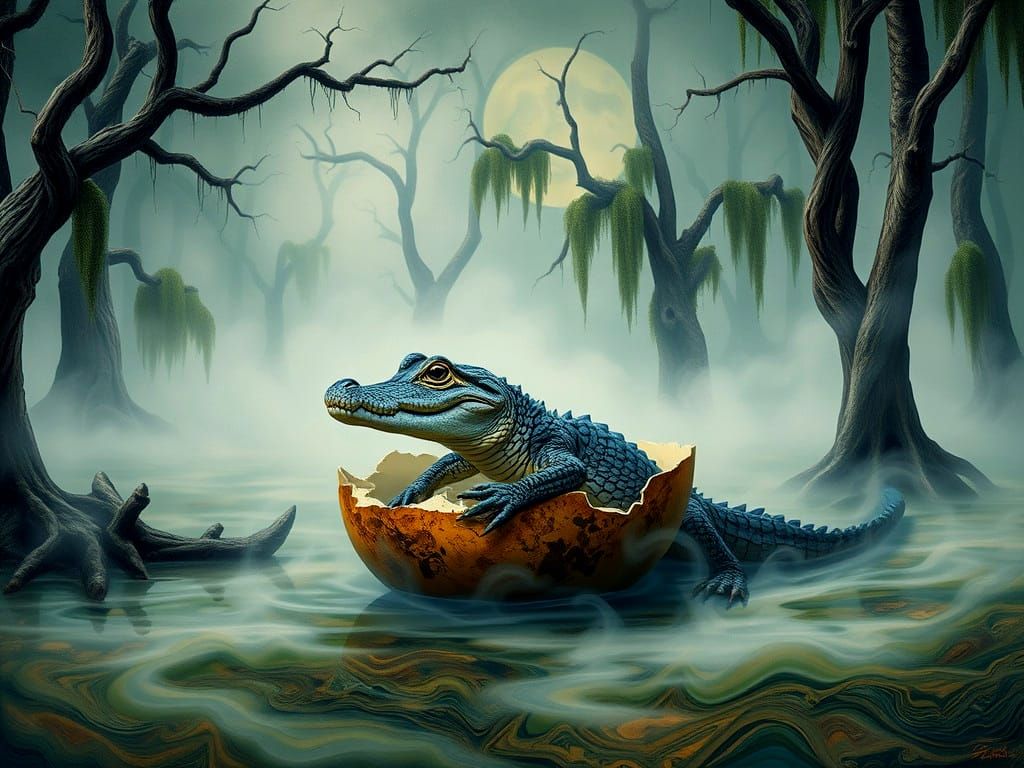 Alligator Emerges in Haunted Swamp: Double Exposure Acrylic