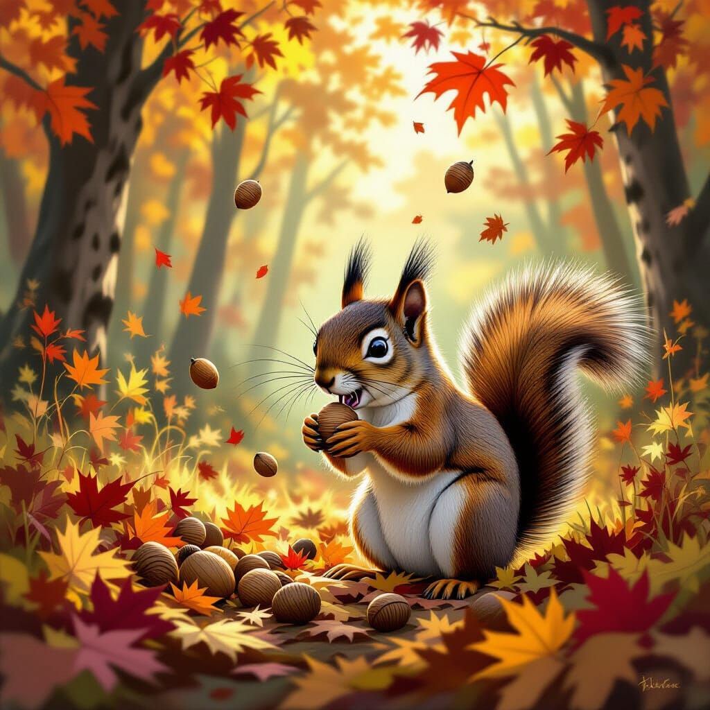 Anxious Squirrel Hiding Nuts in Autumn Forest