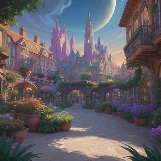 Enchanted Town Square in Vibrant, Surreal Landscape