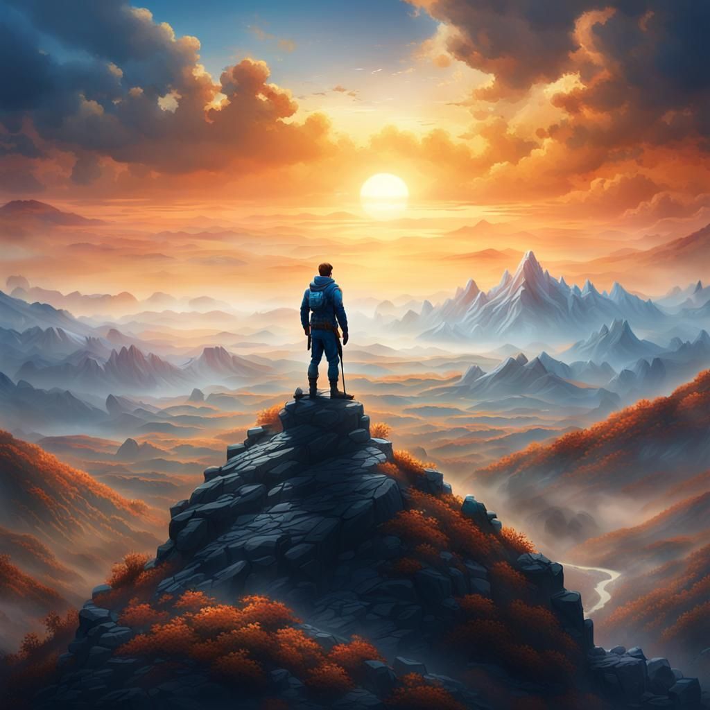 Adventurer on Mountain Peak: Fantastical Landscape