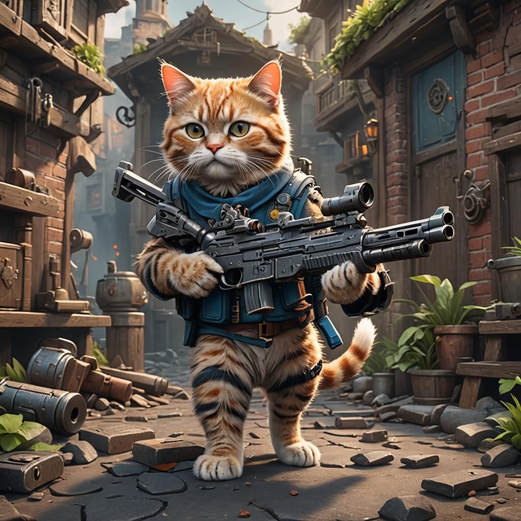 Cute Cat with Gun: Detailed Digital Art