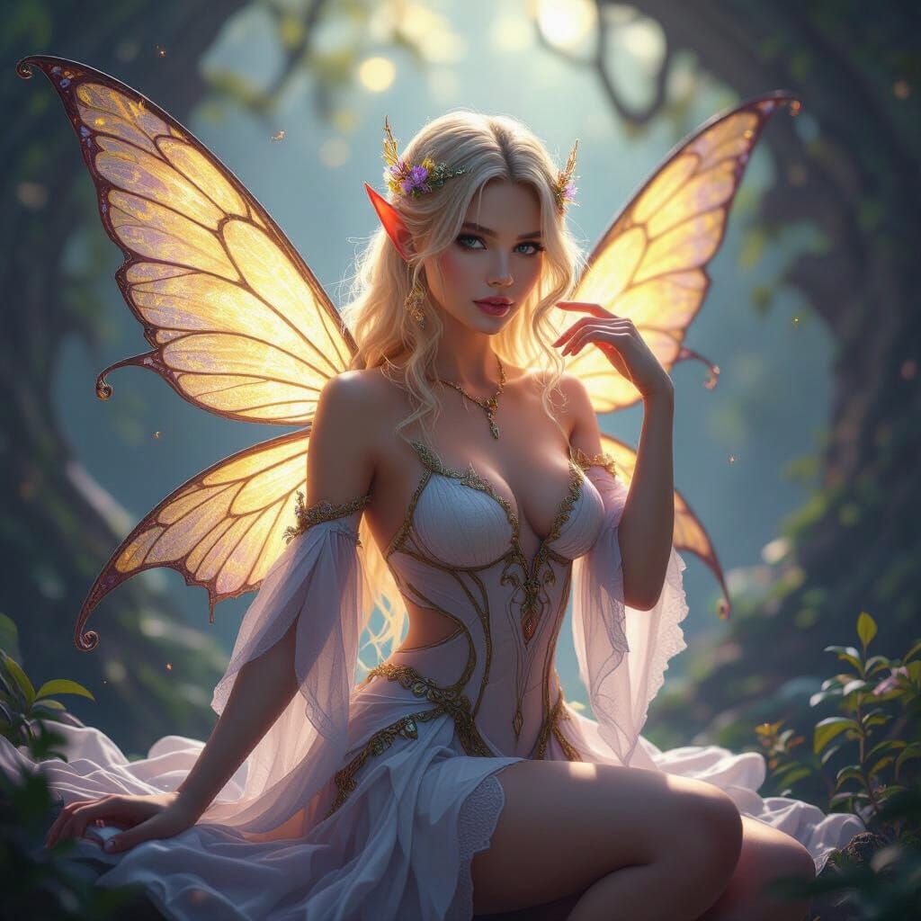 Blonde Fairy with Delicate Wings in Art Nouveau Style