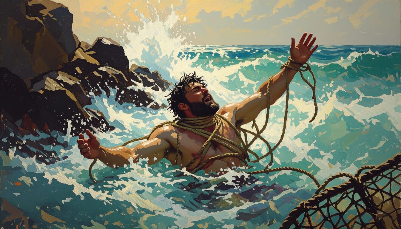 Man in Distress at Sea: Dramatic Coastal Scene