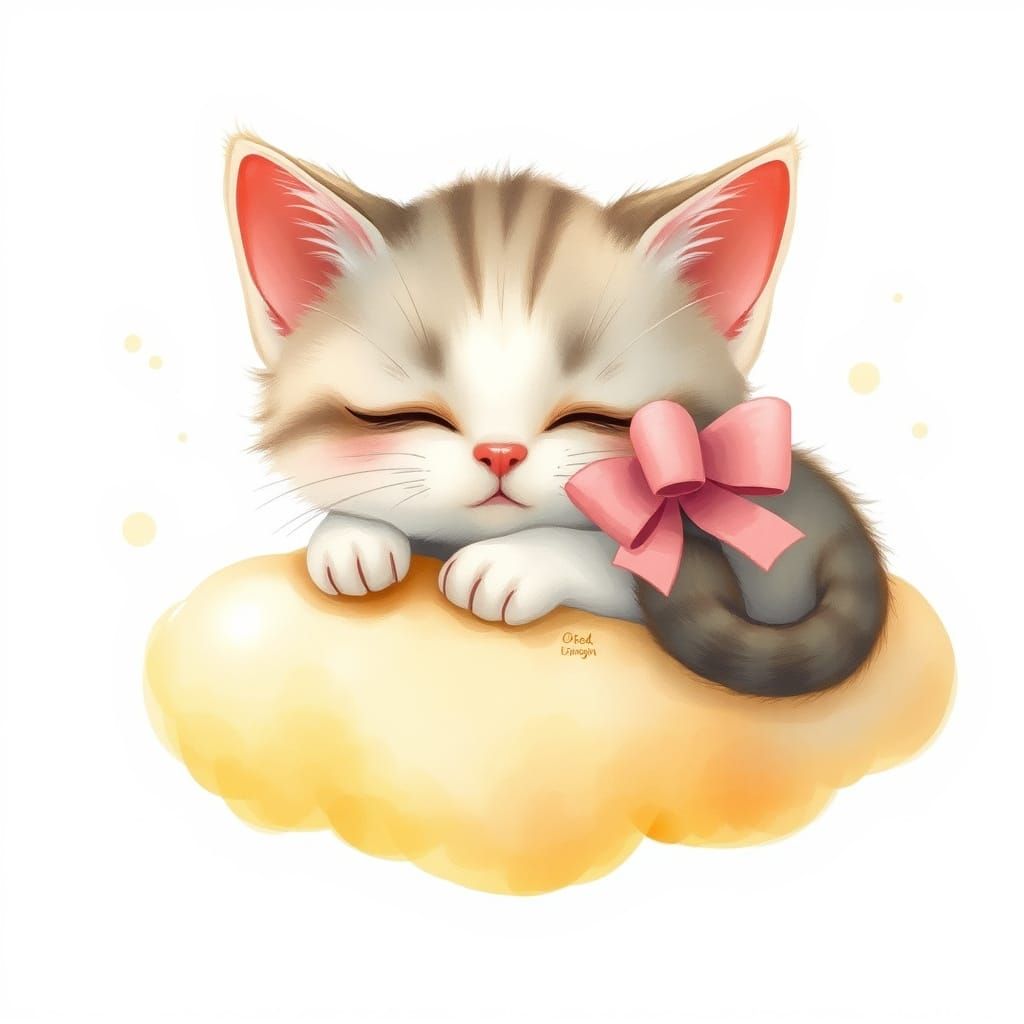 Kitten Nap on Golden Cloud: Dreamy Art