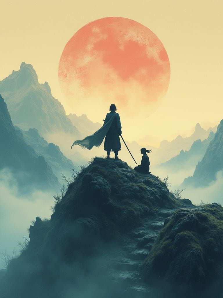 Samurai and Girl on Mountaintop in Ukiyo-e Style