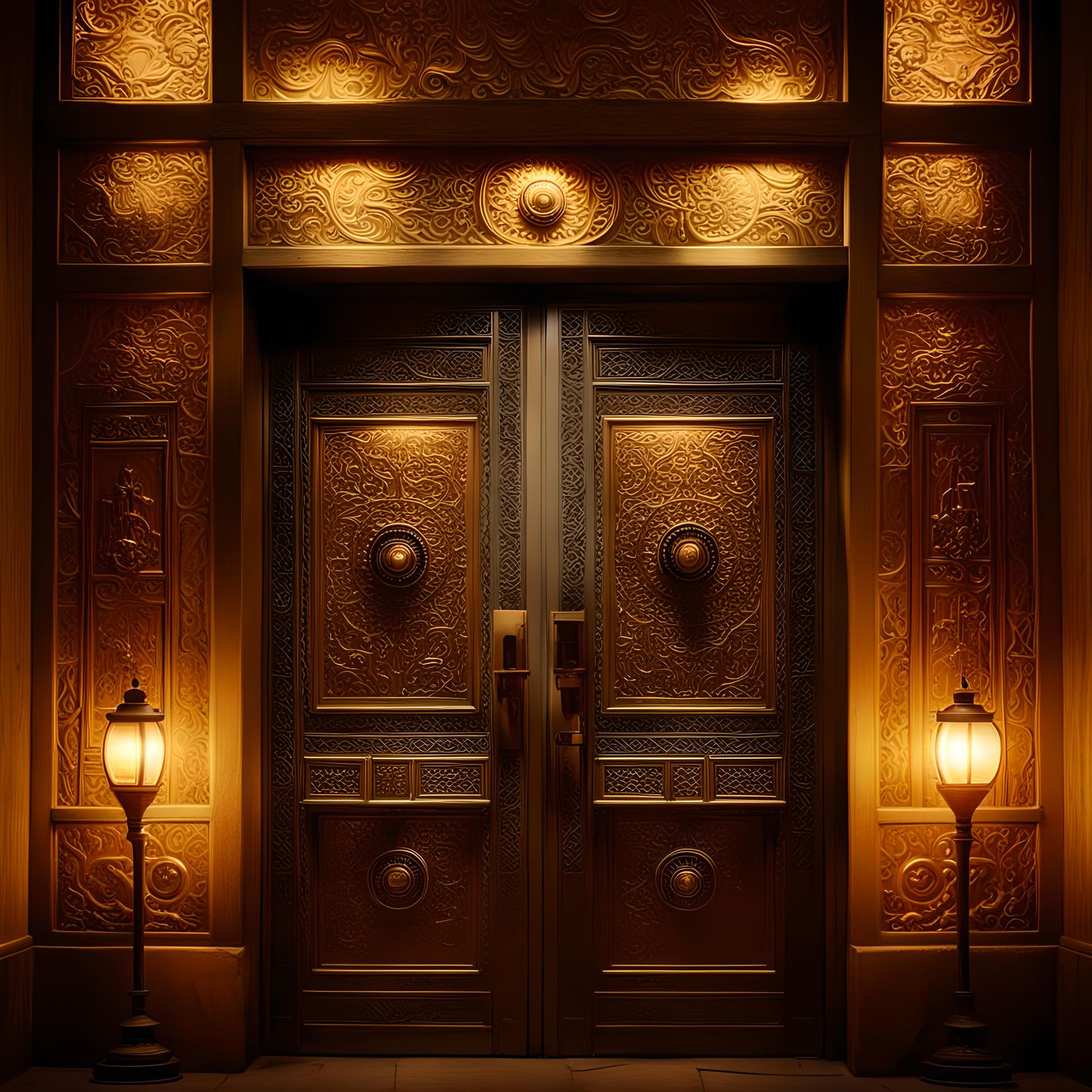 Decorative Doors with Lamps: Cinematic Film Still