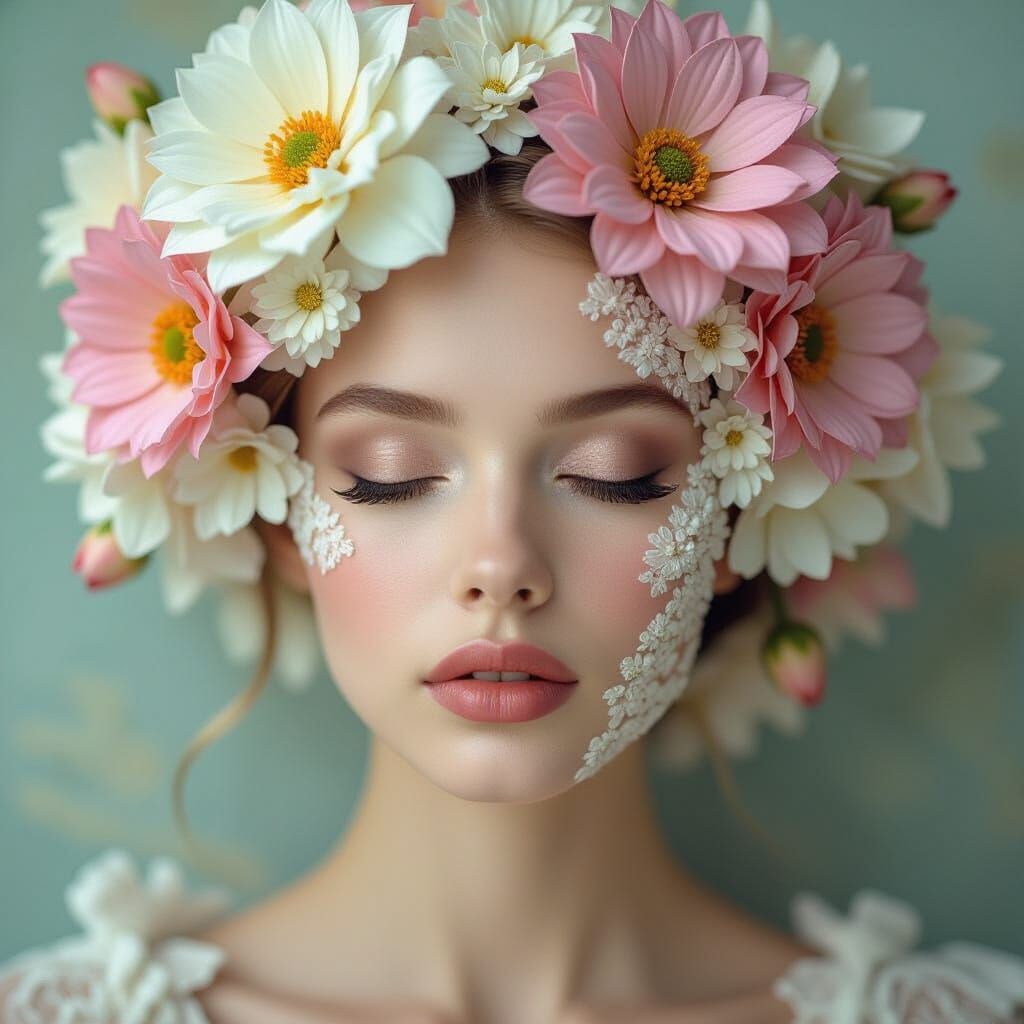 surreal portrait of a woman with serene features, her face partially covered in intricate organic textures resembling fl...