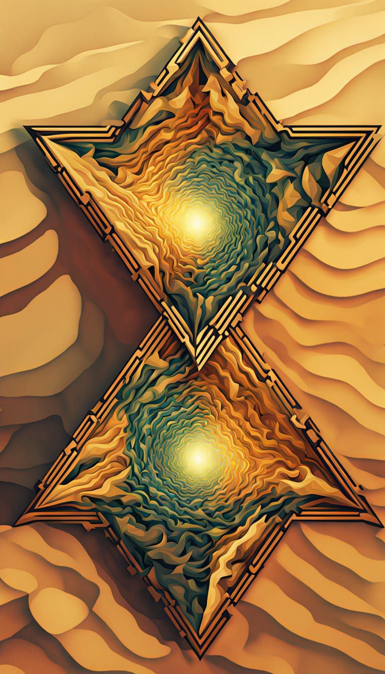 Golden Penrose Triangle Over Desert Landscape in Escher Styl...