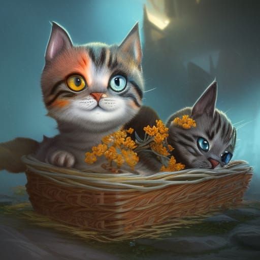 Cute Kittens in Basket: Detailed Matte Painting