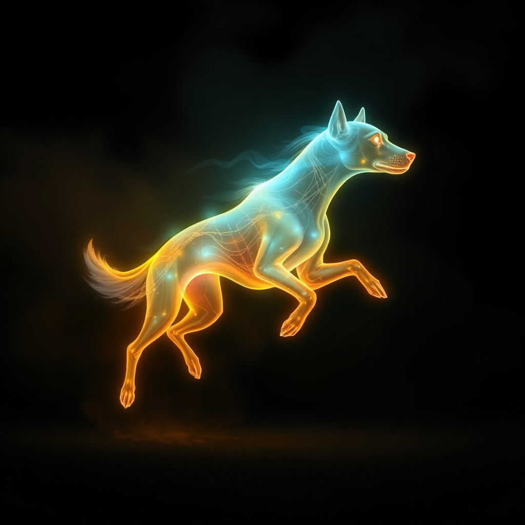 Luminous Dog Made of Light in Atmospheric Space