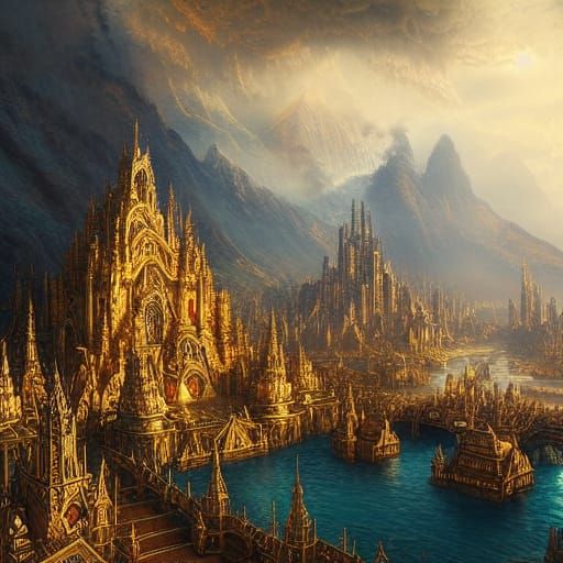 Golden Pearl City on Tropical Island, Digital Painting