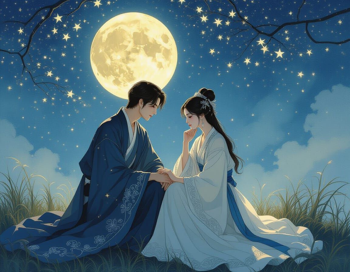 Romantic Moonlit Embrace in Art Nouveau Style