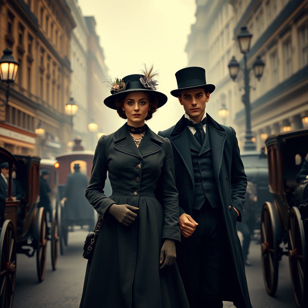 Elegant Victorian Couple Amidst Late 19th Century London's B...
