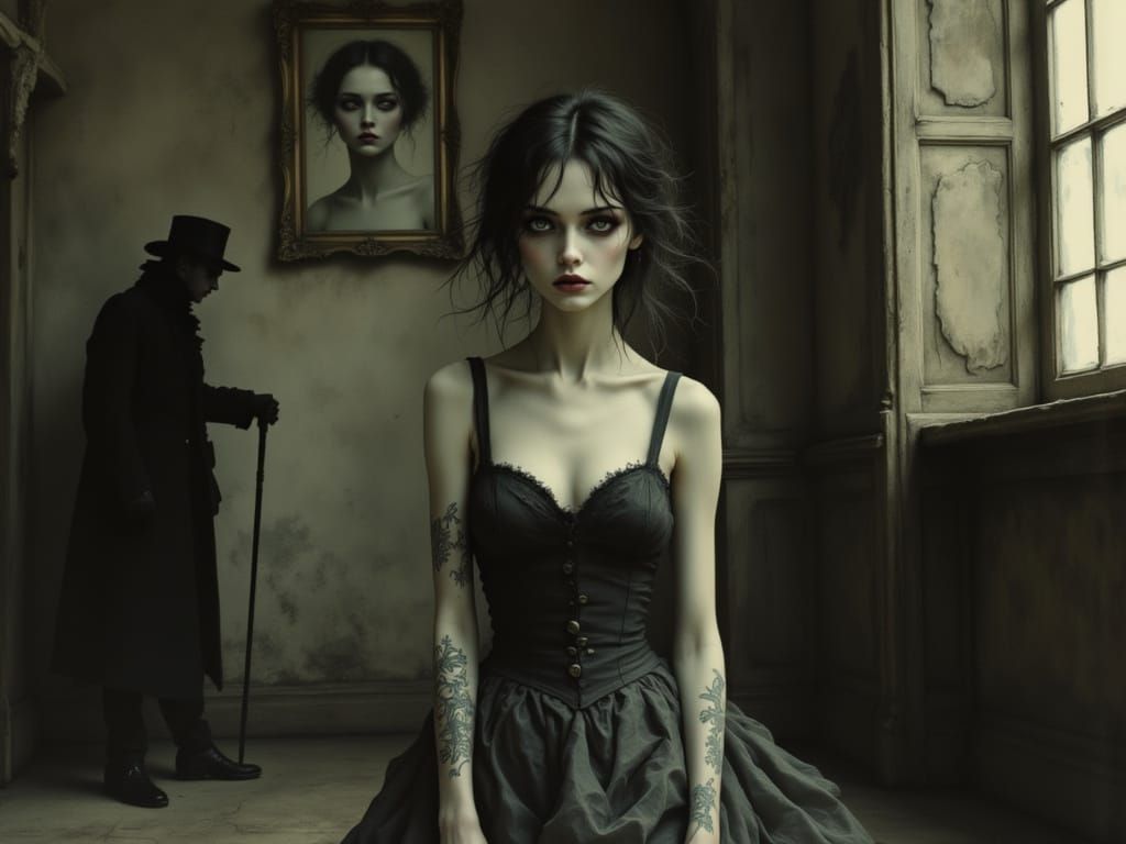 Solemn Woman in Shadowy Room, Muted Moodiness