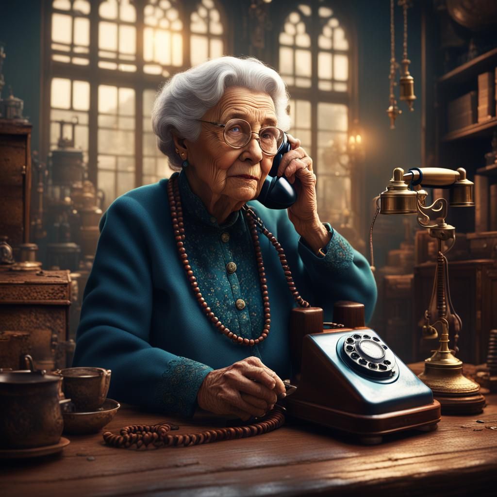 Grandmother with Old Telephone: Detailed Matte Painting
