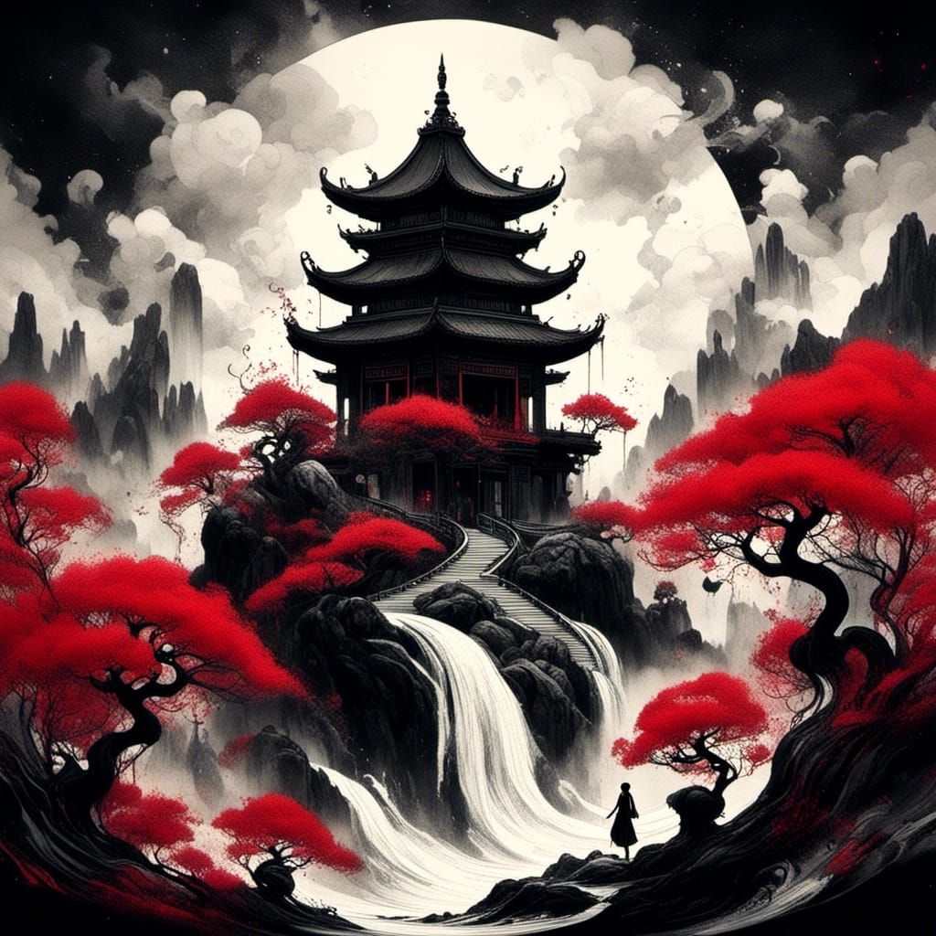 Monochrome Chinese Landscape with Red Trees and Temple