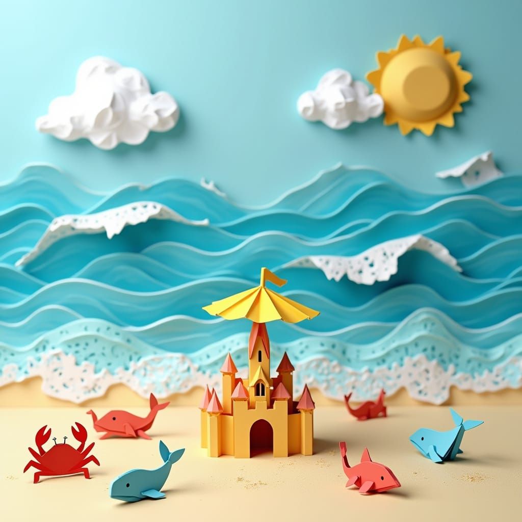 Ocean Waves and Sandcastle in Papercraft Style