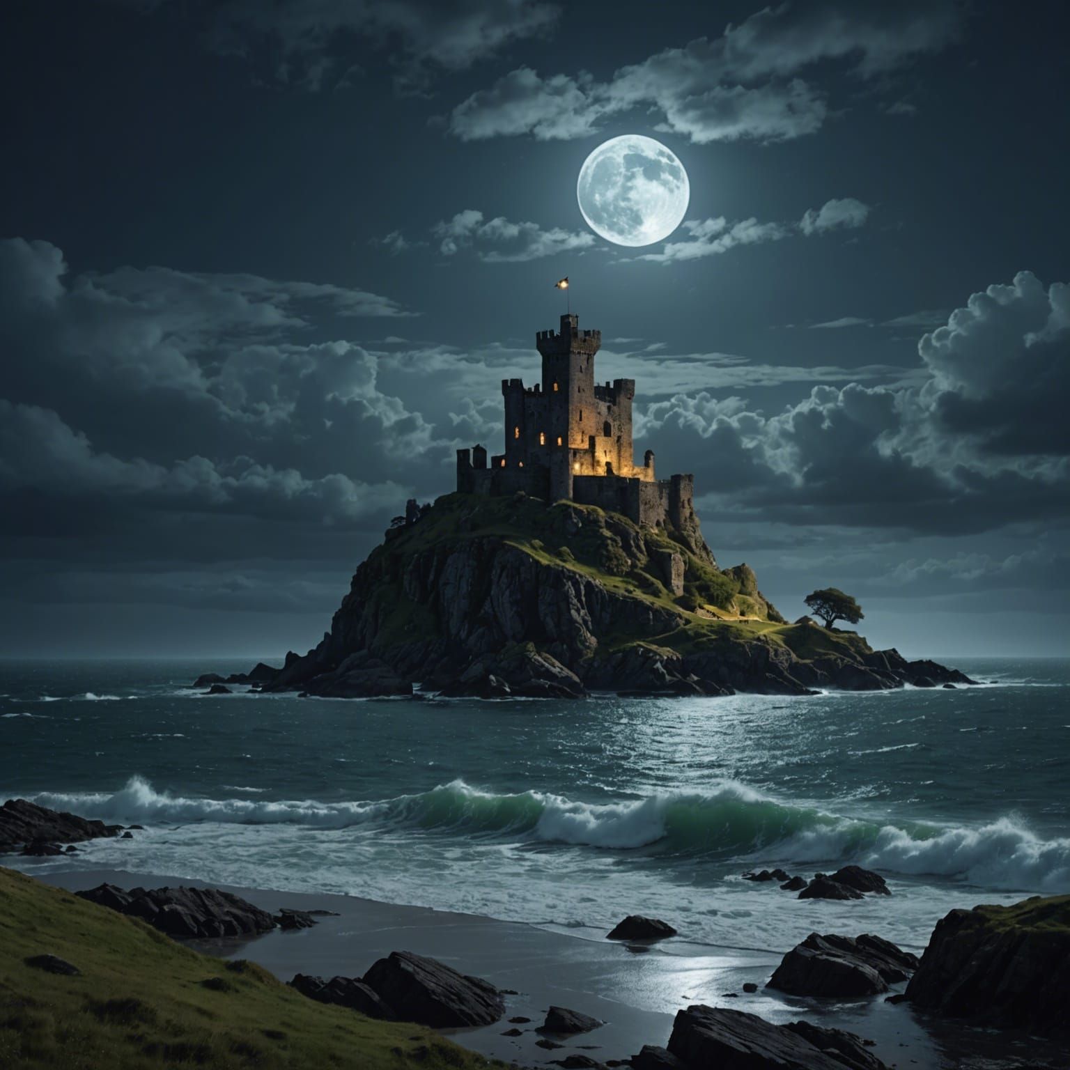 Stormy Night: Castle Ruins on Island
