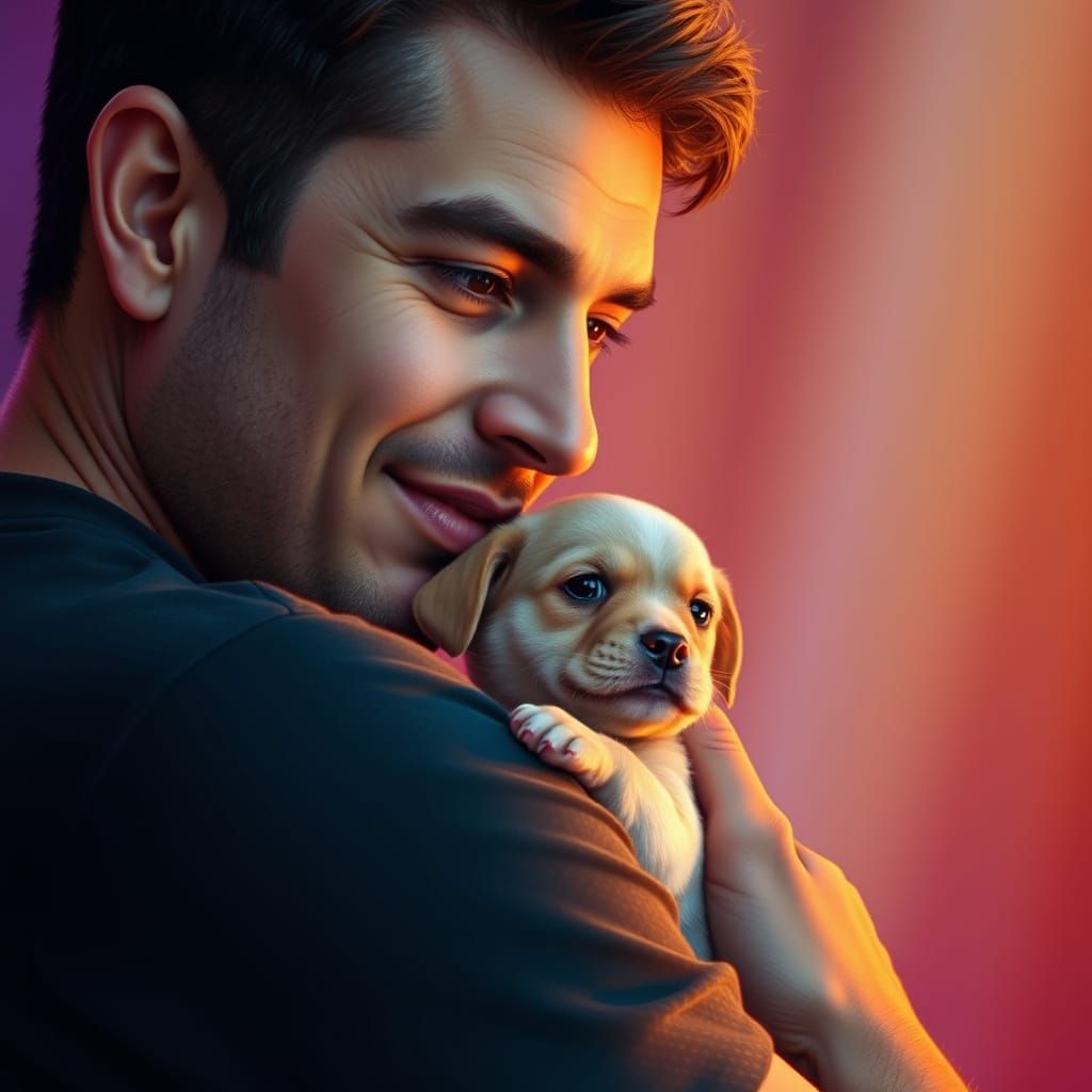 Man in Gentle Moment with Adorable Puppy in Hyperrealistic S...