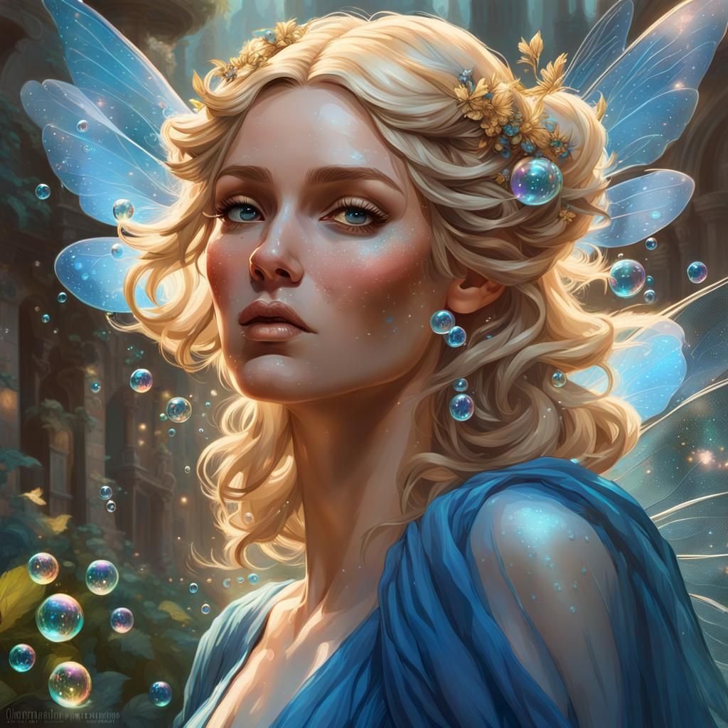 Blond Fairy in Blue Dress with Wings