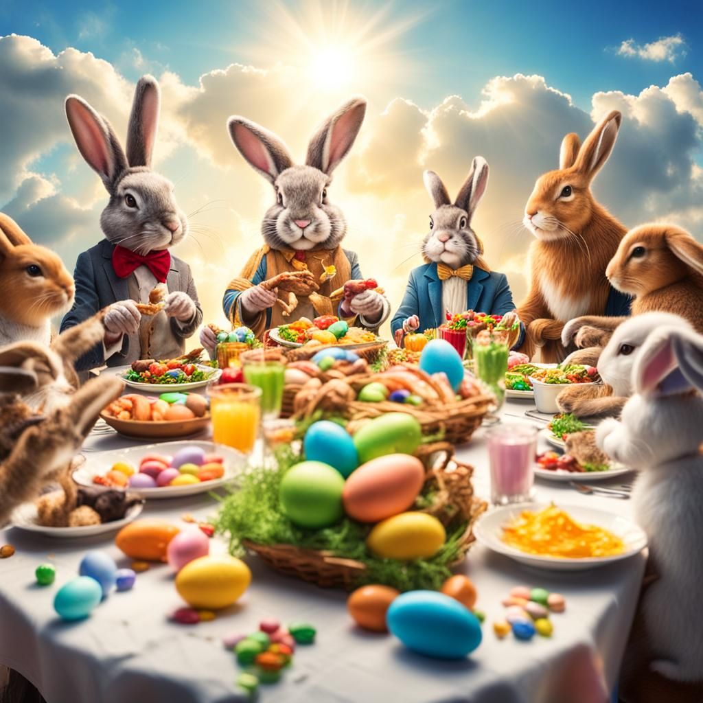 Easter Bunny's Feast with Friends in Divine Light