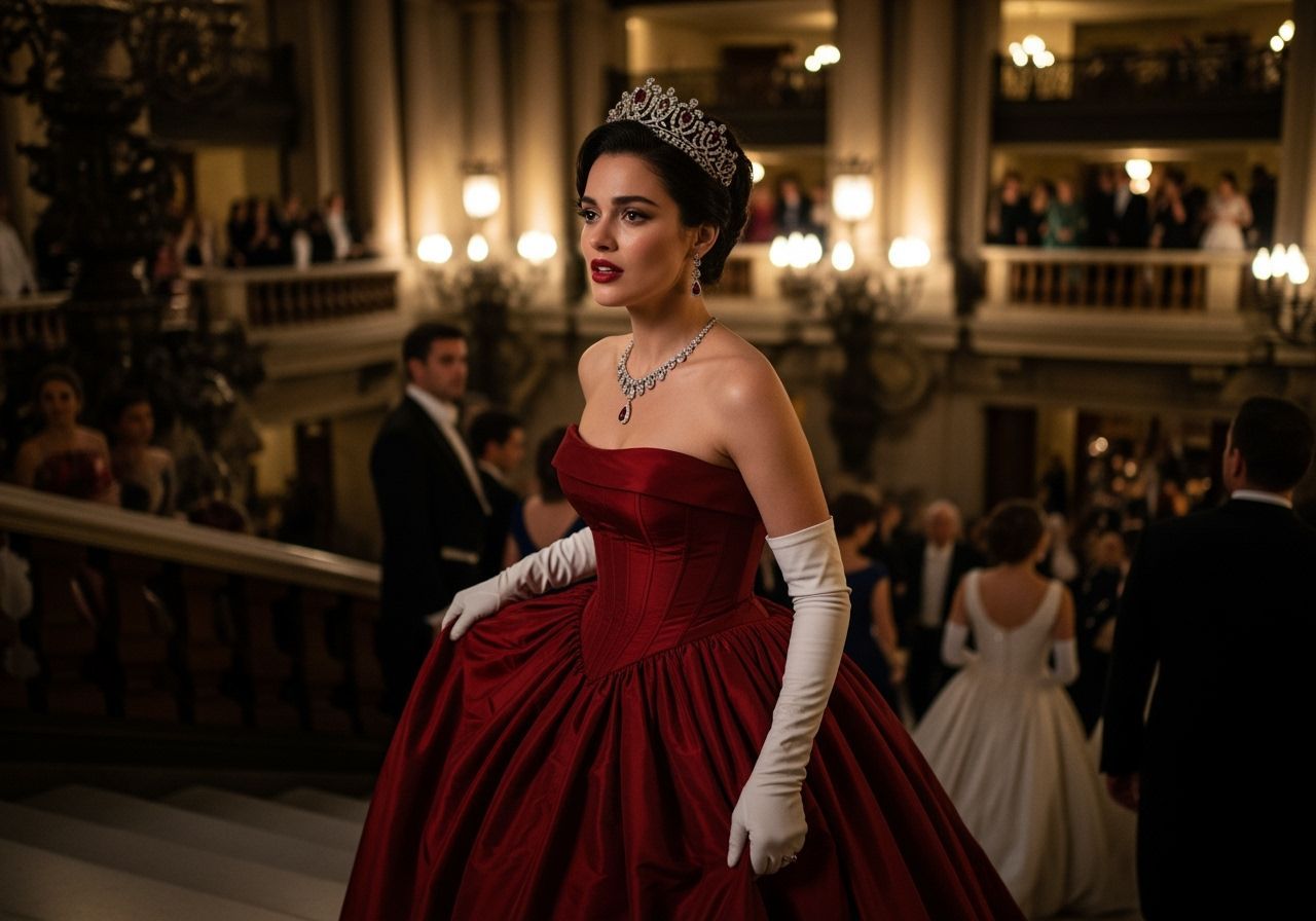 Countess in Red Gown at Opera Garnier in Dramatic Lighting