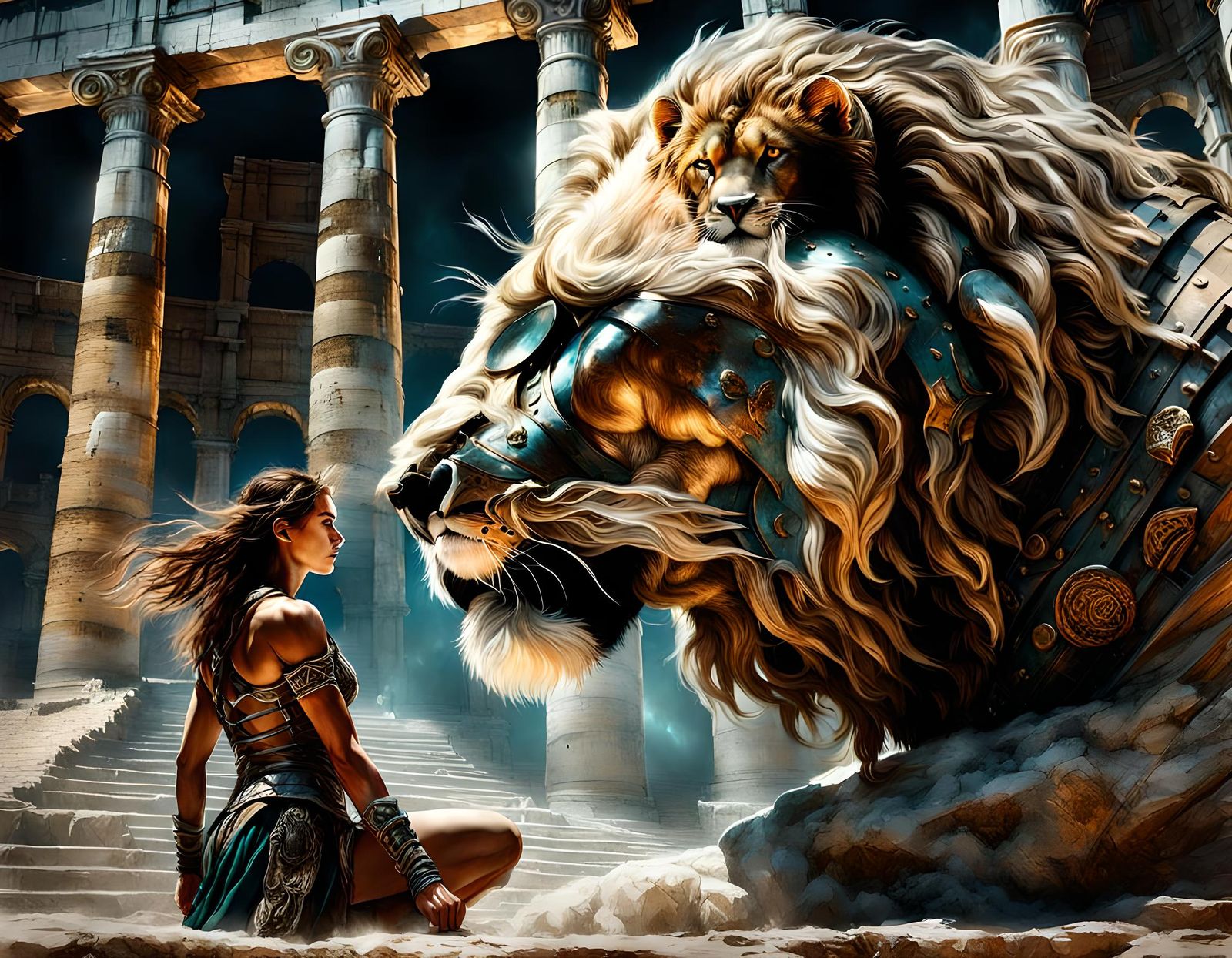 Roman Gladiator and Lion in Colosseum