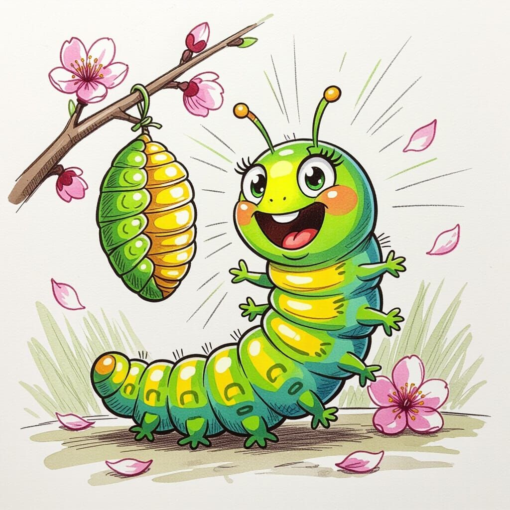 Pencil Sketch: Ecstatic Caterpillar's Transformation