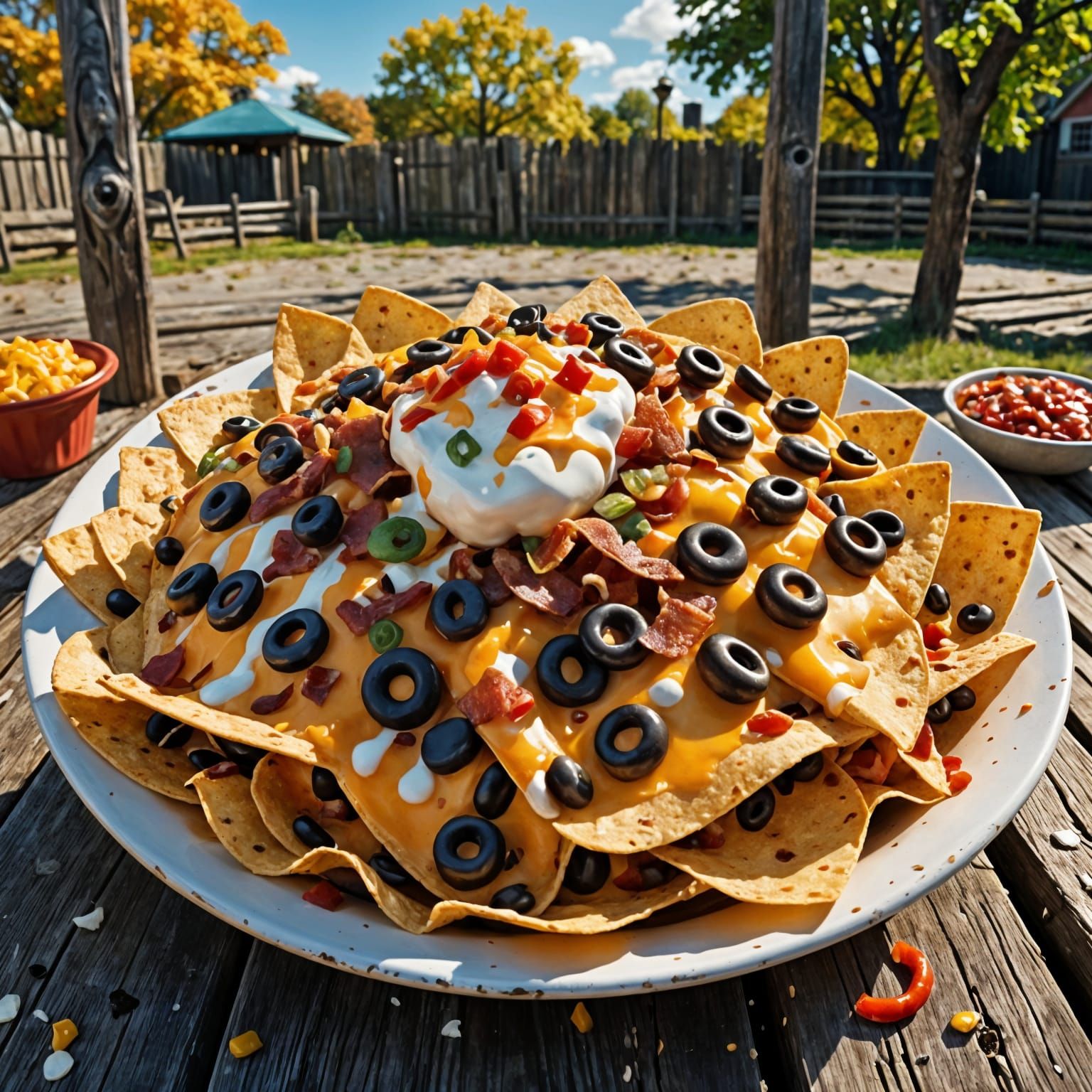 Hyperrealistic Loaded Nachos in a Park