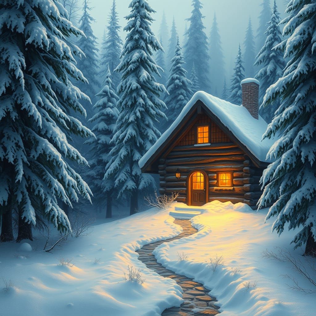 Snowy Cabin in Forest: Matte Painting Winter Scene