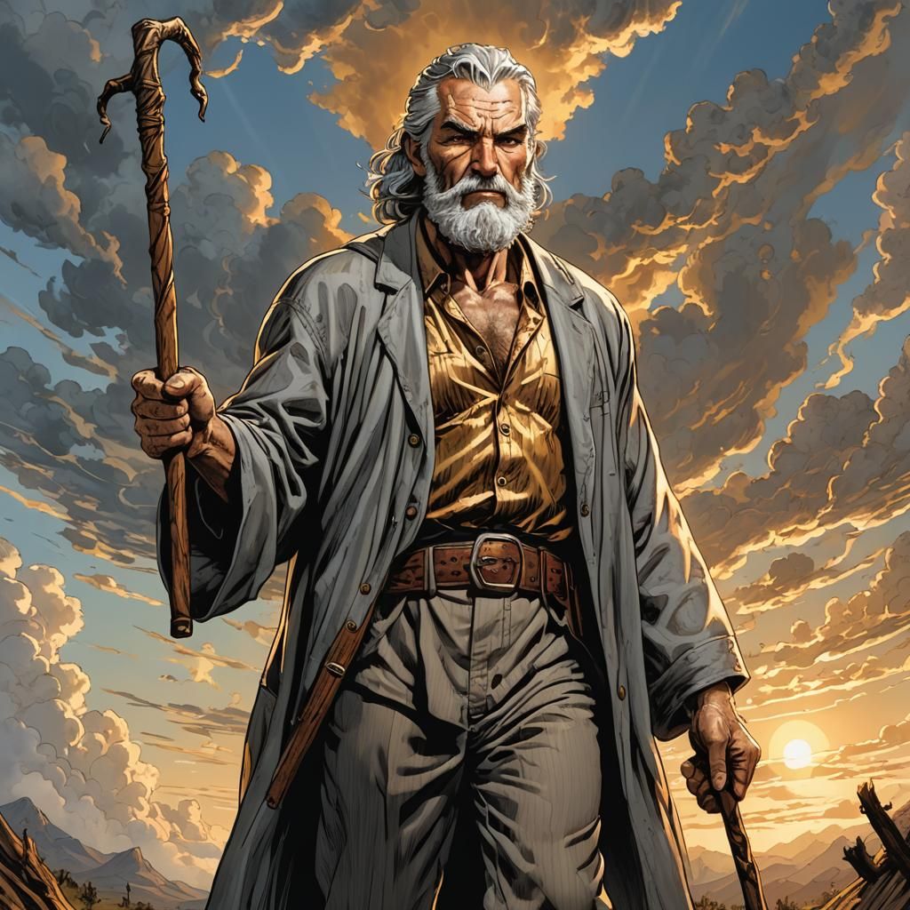 Muscular Old Man with Walking Stick in Comic Book Art
