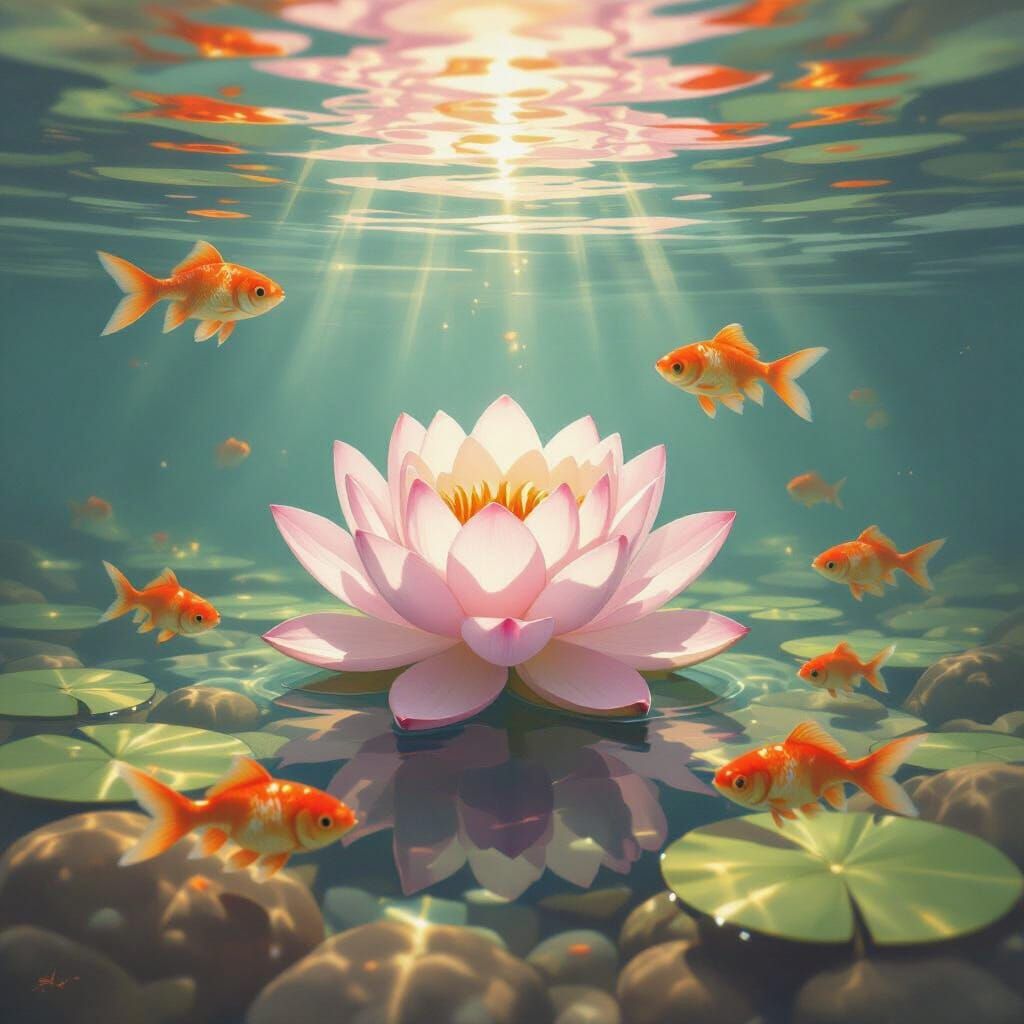 Semi-Realistic Lotus Flower With Goldfish in Pond