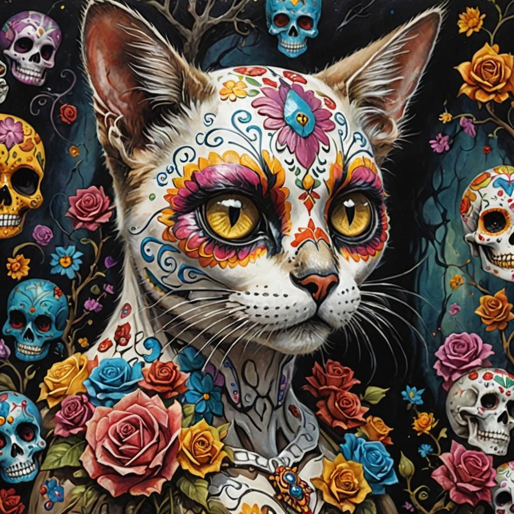 Colorful Dia de los Muertos Cat Sugar Skull Art