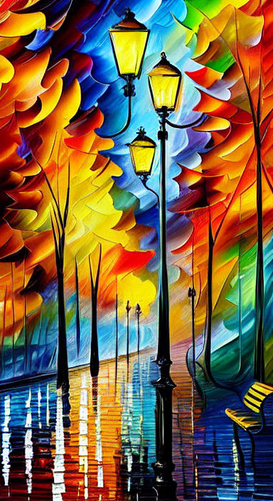 Vibrant Autumn Night in a Rain-Soaked Park