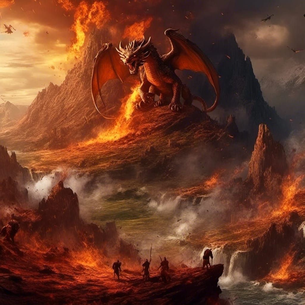 Epic Dragon and Lion Battle in Fiery Landscape