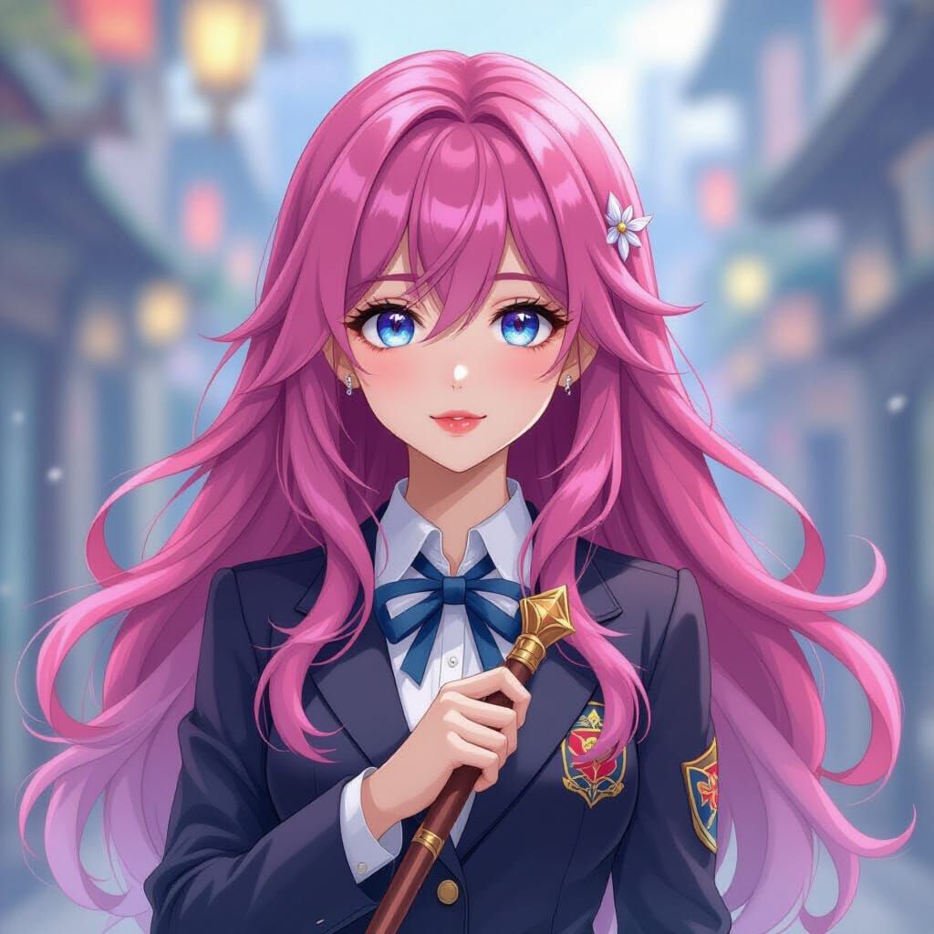 Anime-Inspired Portrait of a Young Woman with Magical Staff