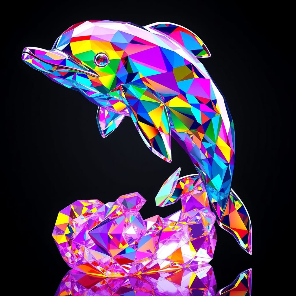 Rainbow Crystal Glass Dolphin Sculpture in Cubist Art Deco S...