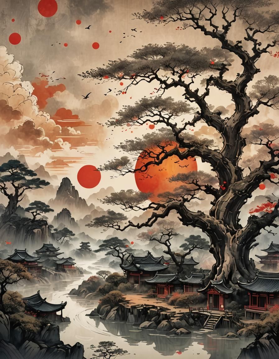 Old Tree Village in Chinese Ink Painting Style