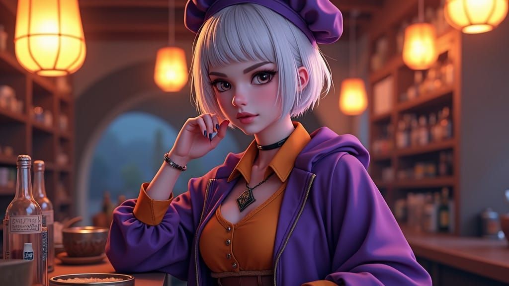 Mystical Tavern Keeper in Vibrant Purple and Orange Attire