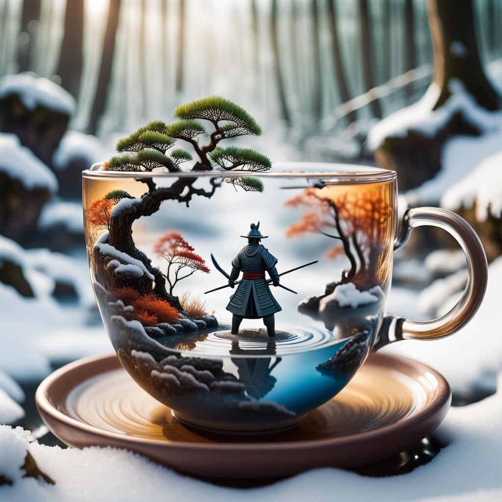 Samurai Zen Garden in Tea Cup, Splash Art
