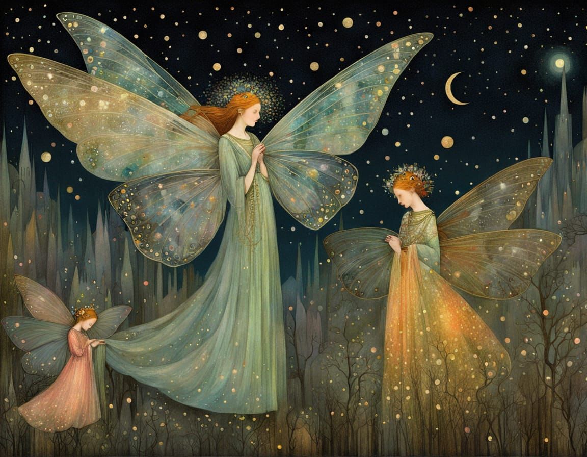 Spectral Fairies Dance Under Starry Night Skies in Whimsical...